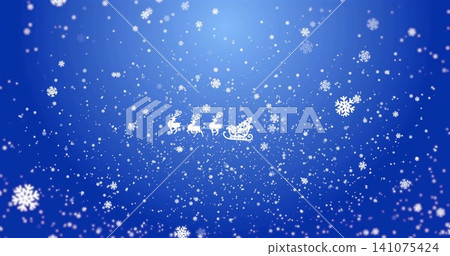 Gliding white sleigh with three reindeer crossing deep blue gradient sky, snowflakes drifting Gliding white sleigh with three reindeer crossing deep blue gradient sky, snowflakes drifting 141075424