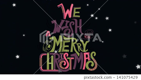 Displaying handlettered Merry Christmas greeting stacked as tree in night sky with ribbon and stars Displaying handlettered Merry Christmas greeting stacked as tree in night sky with ribbon and stars 141075429