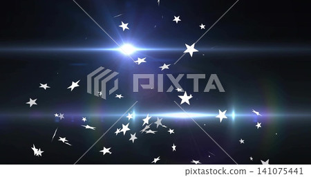 Glittering white five-pointed star cluster emitting lens flares, streaks and specks in dark void Glittering white five-pointed star cluster emitting lens flares, streaks and specks in dark void 141075441