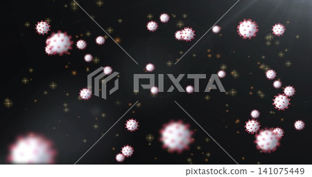 Floating cluster of spherical virus-like particles drifting in dark void, with red spikes and glow Floating cluster of spherical virus-like particles drifting in dark void, with red spikes and glow 141075449