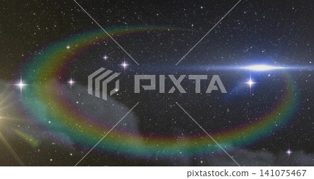 Arcing iridescent rainbow ring in space meeting gray nebula blue streak golden rays spiky-starfield Arcing iridescent rainbow ring in space meeting gray nebula blue streak golden rays spiky-starfield 141075467