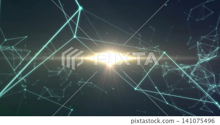 Glowing central flare radiating horizontal light across dark gradient field, with teal nodes Glowing central flare radiating horizontal light across dark gradient field, with teal nodes 141075496