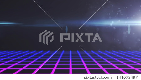 Receding neon tiled grid floor stretching into dark digital stage, featuring magenta and blue lines Receding neon tiled grid floor stretching into dark digital stage, featuring magenta and blue lines 141075497