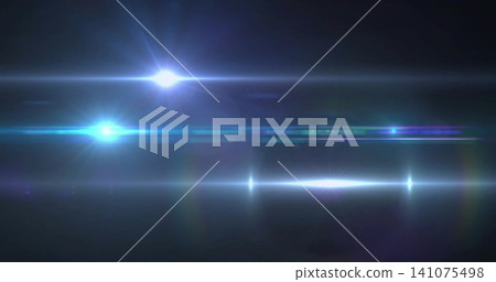 Displaying bright lens flares across black backdrop, with starburst, horizontal streaks and halos Displaying bright lens flares across black backdrop, with starburst, horizontal streaks and halos 141075498