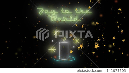Glowing neon candle sitting centered on dark holiday card, featuring cursive Joy text Glowing neon candle sitting centered on dark holiday card, featuring cursive Joy text 141075503