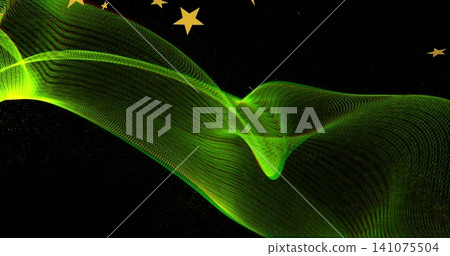 Flowing centered luminous green dotted mesh ribbon undulating across dark field, with gold stars 141075504