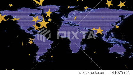 Showing purple world map featuring horizontal scanline texture on black canvas, with gold stars Showing purple world map featuring horizontal scanline texture on black canvas, with gold stars 141075505