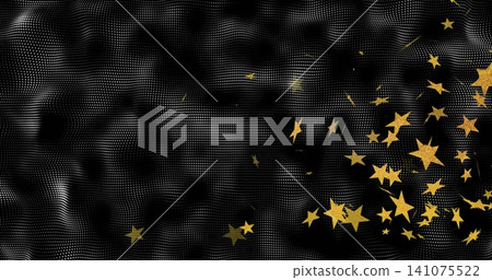 Floating metallic gold stars and confetti drifting on right side over halftone mesh, copy space Floating metallic gold stars and confetti drifting on right side over halftone mesh, copy space 141075522