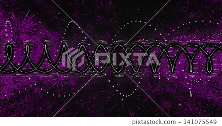 Looping central waveform forming teardrop loops in digital field with white dots, magenta noise Looping central waveform forming teardrop loops in digital field with white dots, magenta noise 141075549