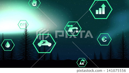 Floating cluster of glowing hex icons showing eco and economic pictograms over forest night sky Floating cluster of glowing hex icons showing eco and economic pictograms over forest night sky 141075556