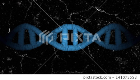 Floating blue double-helix glowing over dark marbled backdrop, showing tubular segments and rungs Floating blue double-helix glowing over dark marbled backdrop, showing tubular segments and rungs 141075558