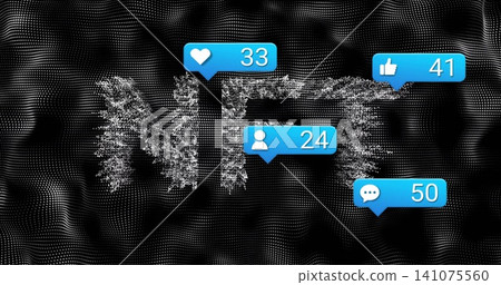 Forming white particle NFT text centered on black dotted wave, showing blue notification bubbles Forming white particle NFT text centered on black dotted wave, showing blue notification bubbles 141075560