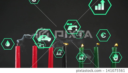 Burning red, black, green candles at studio emitting curling gray smoke, small flames, hex icons 141075561