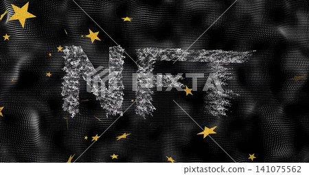 Displaying fragmented NFT shimmering with silver particles over black dotted wavy mesh, gold stars Displaying fragmented NFT shimmering with silver particles over black dotted wavy mesh, gold stars 141075562