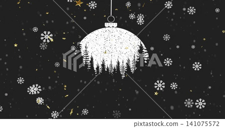Hanging white bauble with tree silhouette on dark backdrop, with dotted loop, gold stars and snow Hanging white bauble with tree silhouette on dark backdrop, with dotted loop, gold stars and snow 141075572