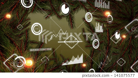 Framing pine branches around olive-green backdrop, showing holographic line charts, UI, amber bulbs Framing pine branches around olive-green backdrop, showing holographic line charts, UI, amber bulbs 141075577