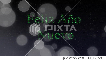 Sparkling green glitter text Feliz Ano Nuevo glowing on charcoal gradient with pale bokeh speckles 141075593