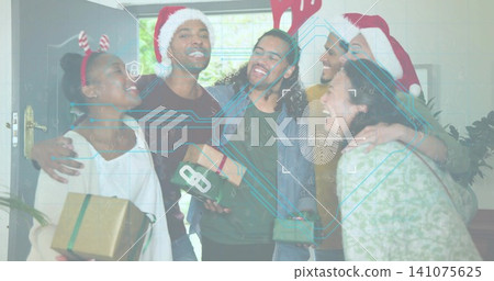 Hugging group in home entryway, wearing Santa hats and antlers, holding gifts with padlock overlay Hugging group in home entryway, wearing Santa hats and antlers, holding gifts with padlock overlay 141075625