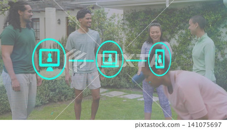 Exercising five adults in activewear in backyard, holding blue dumbbell with teal overlay icons Exercising five adults in activewear in backyard, holding blue dumbbell with teal overlay icons 141075697