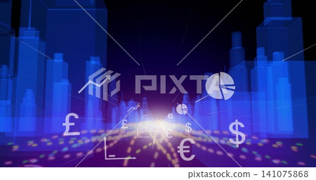Streaming data skyline moving toward central glow in dashboard, showing currency symbols, charts Streaming data skyline moving toward central glow in dashboard, showing currency symbols, charts 141075868