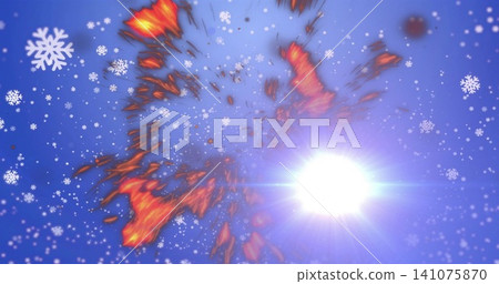 Radiating white lens flare with red-orange fragments on deep blue backdrop scattering snowflakes 141075870