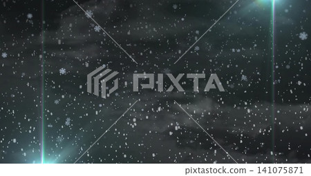 Falling dense field of snowflakes filling night sky, with teal-cyan light flares Falling dense field of snowflakes filling night sky, with teal-cyan light flares 141075871