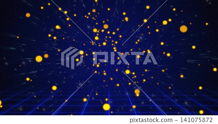 Pulsing dense cluster of glowing orange orbs swirling on neon-blue grid floor, with light trails Pulsing dense cluster of glowing orange orbs swirling on neon-blue grid floor, with light trails 141075872