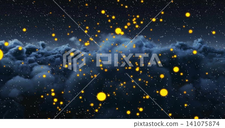 Drifting cloud bank over cloud tops at night, with glowing orbs, distant stars, streaking particles 141075874