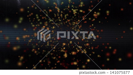 Floating cluster of glowing particles and bokeh orbs drifting across dark gradient, with scanlines Floating cluster of glowing particles and bokeh orbs drifting across dark gradient, with scanlines 141075877
