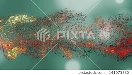 Flowing digital particle cloud spanning center on teal backdrop, with glowing nodes and streaks Flowing digital particle cloud spanning center on teal backdrop, with glowing nodes and streaks 141075880