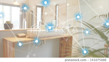 Showcasing white oval vessel sink sitting on natural wood vanity in bathroom, with digital overlay Showcasing white oval vessel sink sitting on natural wood vanity in bathroom, with digital overlay 141075886