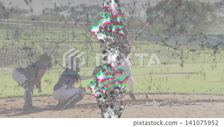 Swinging batter with team wearing jerseys and white pants at home plate, bat and glitch visible Swinging batter with team wearing jerseys and white pants at home plate, bat and glitch visible 141075952