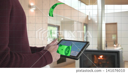 Holding woman wearing maroon ribbed sweater tapping tablet in living area, AR currency, copy space Holding woman wearing maroon ribbed sweater tapping tablet in living area, AR currency, copy space 141076010