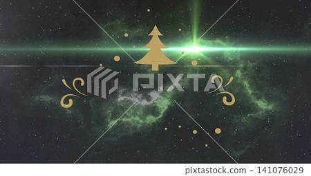 Glowing gold triangle Xmas tree icon floating over cosmic nebula and lens flare, with gold swirls Glowing gold triangle Xmas tree icon floating over cosmic nebula and lens flare, with gold swirls 141076029