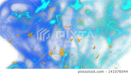 Swirling blue and teal fluid cluster moving on white background, featuring gold star confetti Swirling blue and teal fluid cluster moving on white background, featuring gold star confetti 141076044