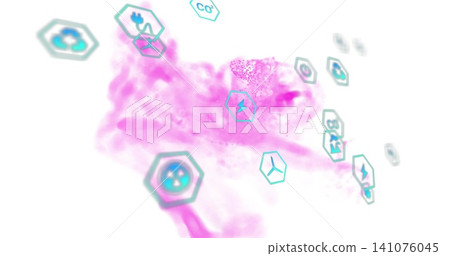 Emitting central pink cloud with cyan hexagon energy CO2 icons in studio art on white backdrop Emitting central pink cloud with cyan hexagon energy CO2 icons in studio art on white backdrop 141076045