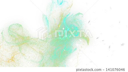 Swirling turquoise and pale gold particulate cloud drifting on white canvas, showing star accents Swirling turquoise and pale gold particulate cloud drifting on white canvas, showing star accents 141076046