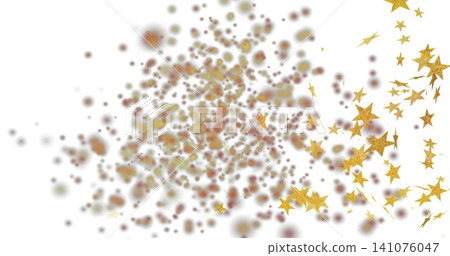 Drifting brown-orange bokeh and gold star confetti across white set with glitter and soft shadows Drifting brown-orange bokeh and gold star confetti across white set with glitter and soft shadows 141076047