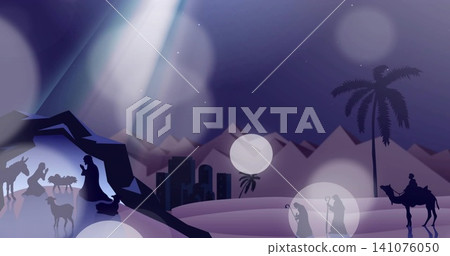 Kneeling mother holding infant in manger at desert cave, donkey and shepherds watching, copy space 141076050