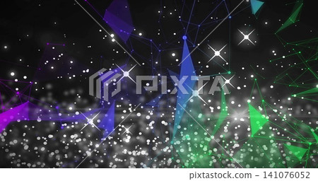 Floating luminous network spanning dark virtual space, showing purple blue green facets and nodes 141076052