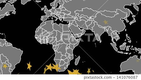 Displaying world map centered on black ocean, showing gray lands, white borders, gold stars Displaying world map centered on black ocean, showing gray lands, white borders, gold stars 141076087