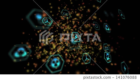 Glowing yellow-orange particle cloud drifting in virtual void, with cyan hexagonal icons and sparks Glowing yellow-orange particle cloud drifting in virtual void, with cyan hexagonal icons and sparks 141076088