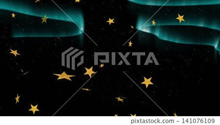 Floating golden star confetti filling center of dark void, sparkling specks and two teal ribbons Floating golden star confetti filling center of dark void, sparkling specks and two teal ribbons 141076109