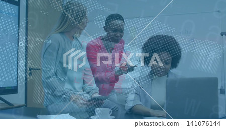 Pointing woman wearing pink blazer explaining laptop with data overlay at meeting table with pen 141076144
