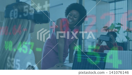Leaning woman wearing magenta dress interacting with VR-user at office, laptop and ticker overlay Leaning woman wearing magenta dress interacting with VR-user at office, laptop and ticker overlay 141076146