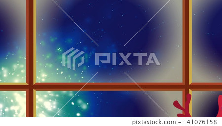 Framing wooden mullioned window showing starry night sky indoors, glass panes lit green, red antler 141076158