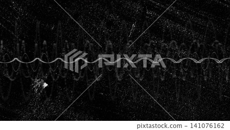 Displaying primary white waveform across center on signal display with grainy noise and blotch Displaying primary white waveform across center on signal display with grainy noise and blotch 141076162