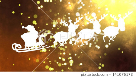 Riding Santa silhouette wearing hat and coat on sleigh across amber lights, with four reindeer Riding Santa silhouette wearing hat and coat on sleigh across amber lights, with four reindeer 141076178
