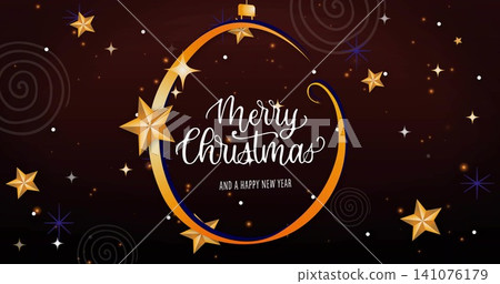 Displaying gold-orange ornament ring with blue edge and Merry Christmas script on card, stars Displaying gold-orange ornament ring with blue edge and Merry Christmas script on card, stars 141076179
