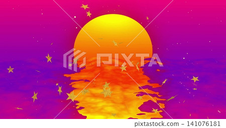 Dominating large sun casting gold ripples across sunset sea with gold stars, white dots on horizon Dominating large sun casting gold ripples across sunset sea with gold stars, white dots on horizon 141076181